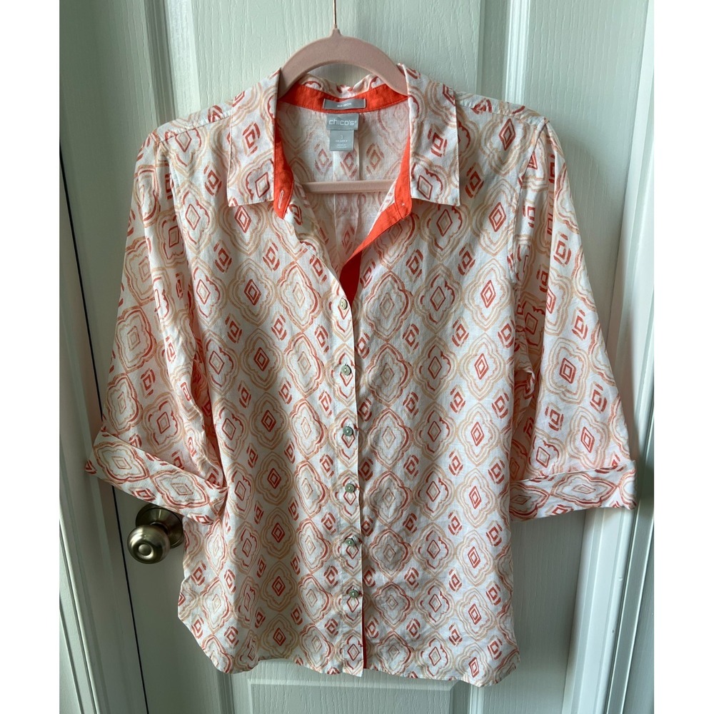 Chico's Womens Top Blouse Orange White Half Sleeve Linen No Iron Size 1 US 8